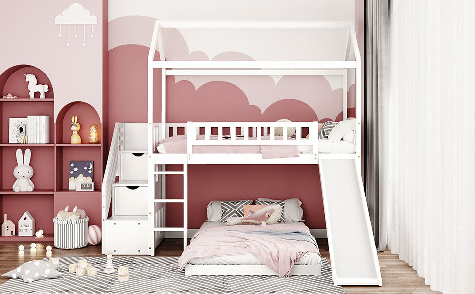 Twin Over Twin Bunk Bed With Two Drawers And Slide, House Bed With Slide, White Old Sku :Lp000129Aak White Pine