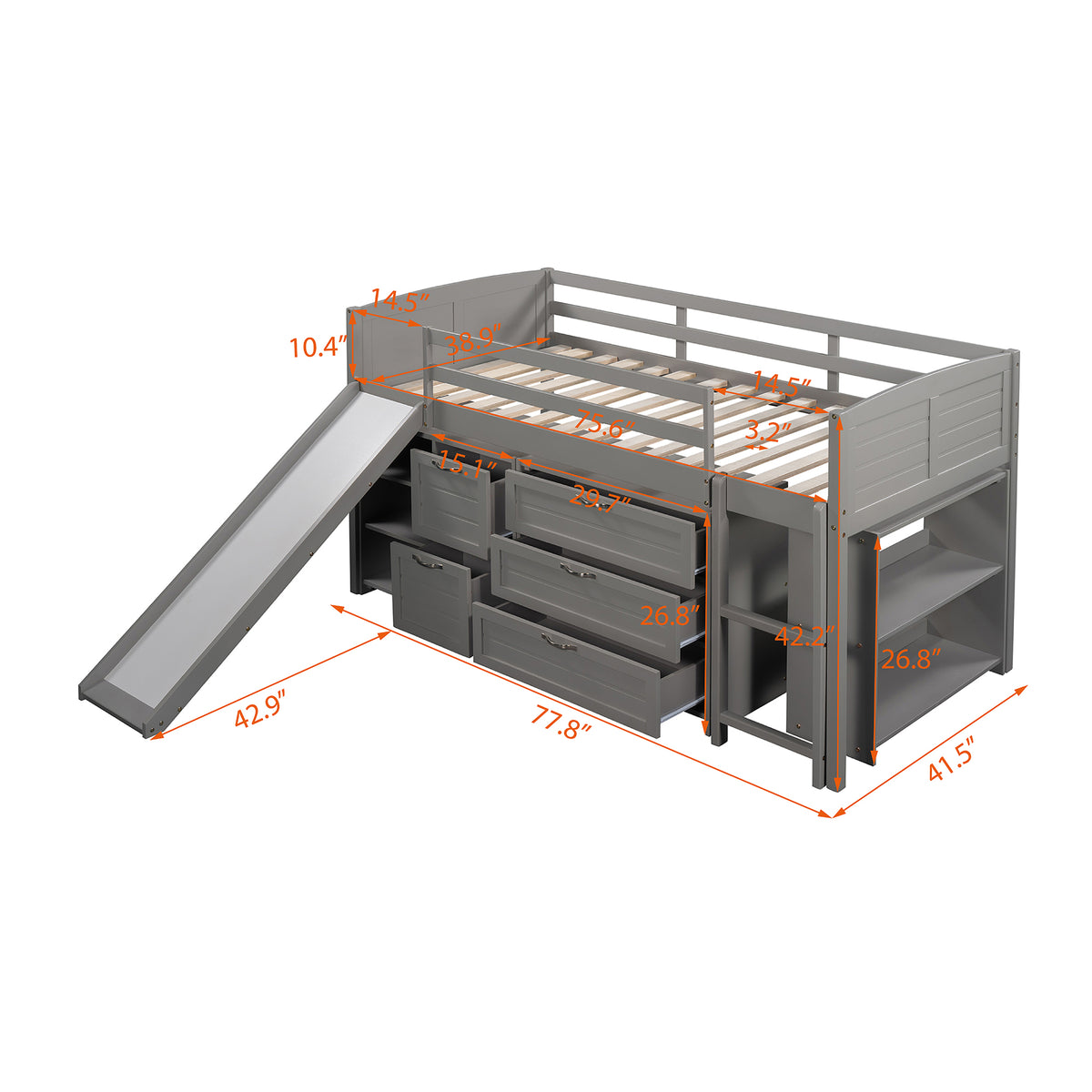 Low Twin Size Loft Bed With Cabinets, Shelves And Slide Gray Old Sku :Lp000503Aae Gray Solid Wood