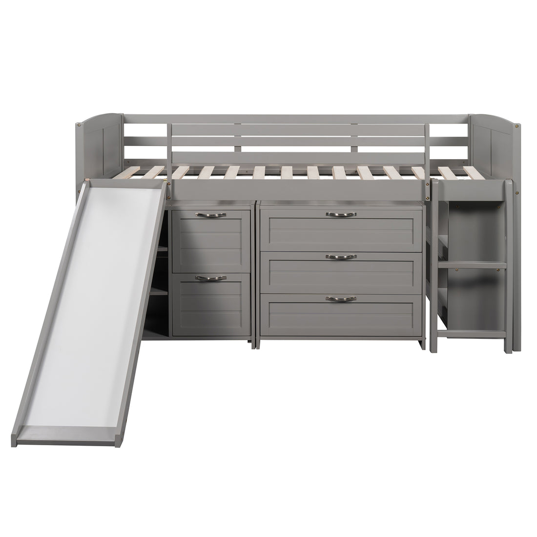 Low Twin Size Loft Bed With Cabinets, Shelves And Slide Gray Old Sku :Lp000503Aae Gray Solid Wood
