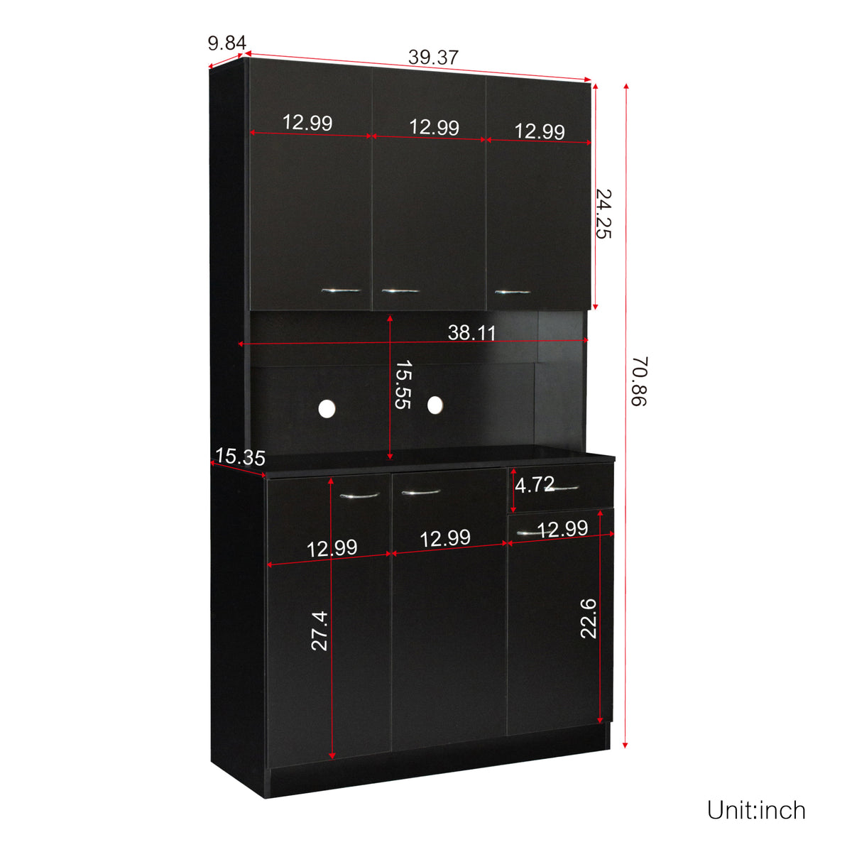 70.87" Tall Wardrobe& Kitchen Cabinet, With 6 Doors, 1 Open Shelves And 1 Drawer For Bedroom,Black Black Mdf