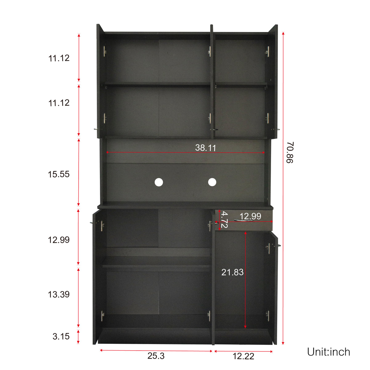 70.87" Tall Wardrobe& Kitchen Cabinet, With 6 Doors, 1 Open Shelves And 1 Drawer For Bedroom,Black Black Mdf