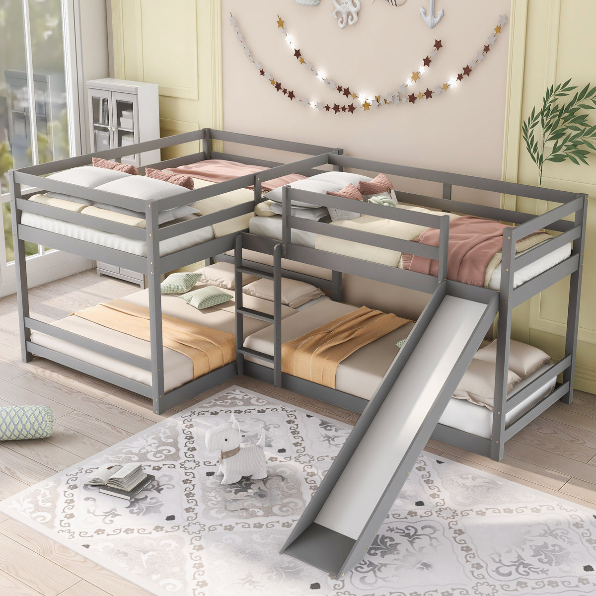 Full And Twin Size L Shaped Bunk Bed With Slide And Short Ladder,Gray Twin Gray Pine