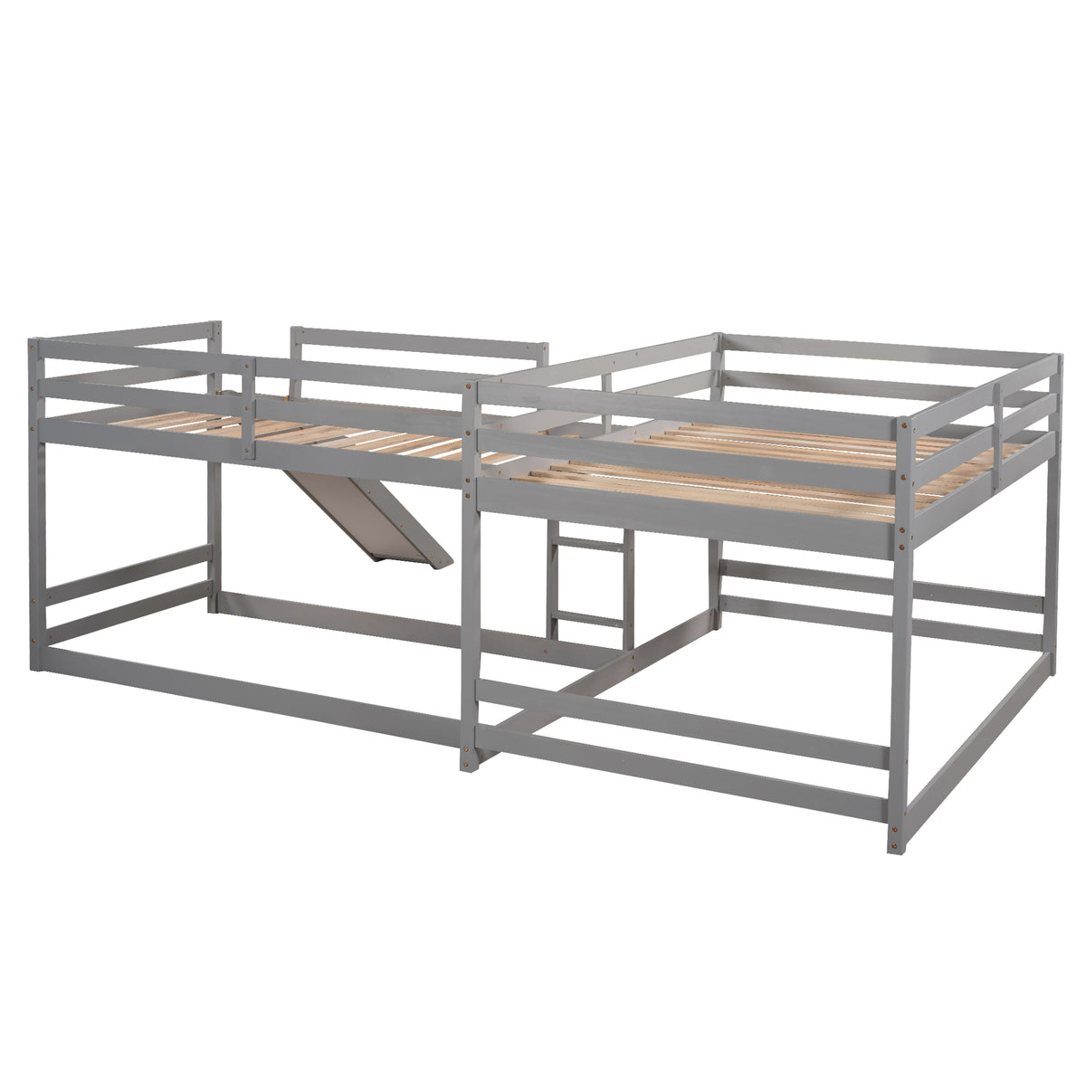 Full And Twin Size L Shaped Bunk Bed With Slide And Short Ladder,Gray Twin Gray Pine