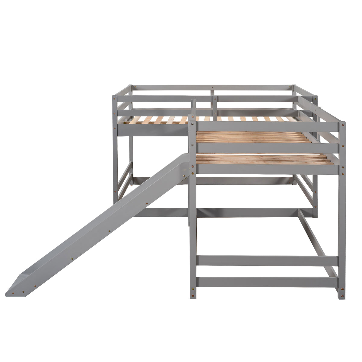 Full And Twin Size L Shaped Bunk Bed With Slide And Short Ladder,Gray Twin Gray Pine