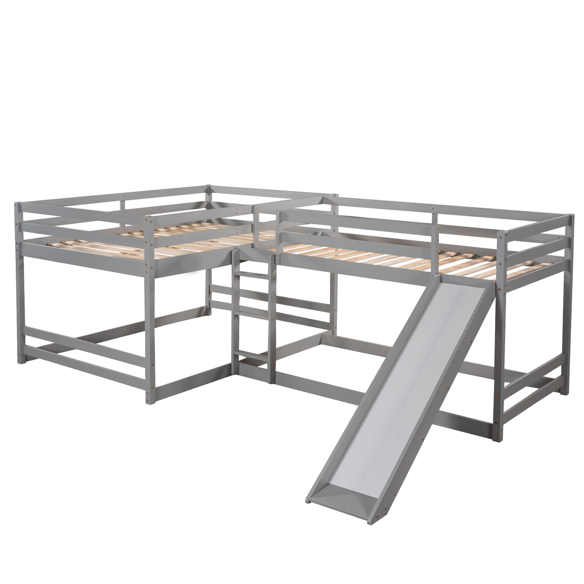 Full And Twin Size L Shaped Bunk Bed With Slide And Short Ladder,Gray Twin Gray Pine
