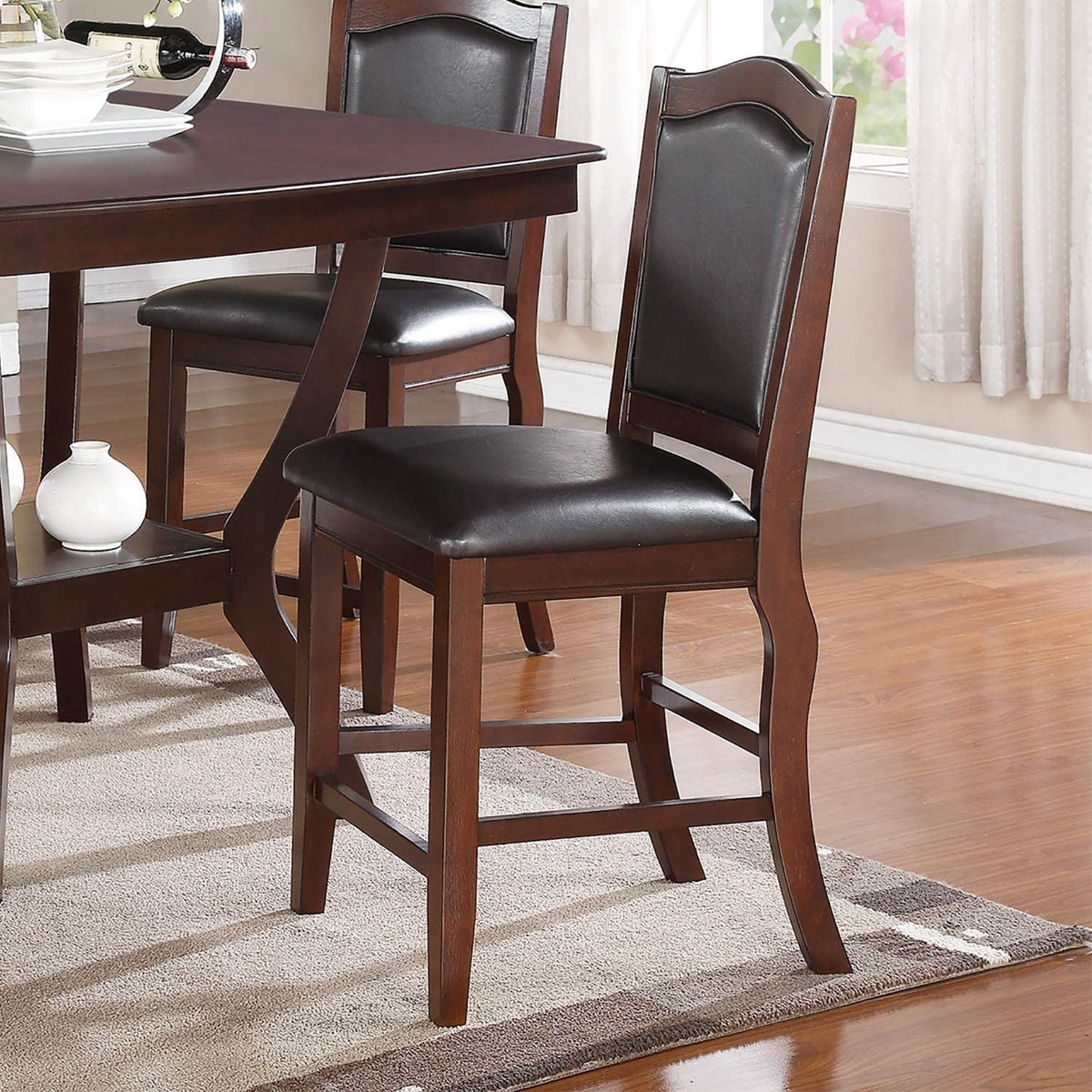 Dark Brown Wood Finish Set Of 2 Counter Height Chairs Faux Leather Upholstery Seat Back Kitchen Dining Room Chair Dark Brown Brown Dining Room Contemporary,Traditional Dining Chairs Rubberwood Solid Back Solid Wood