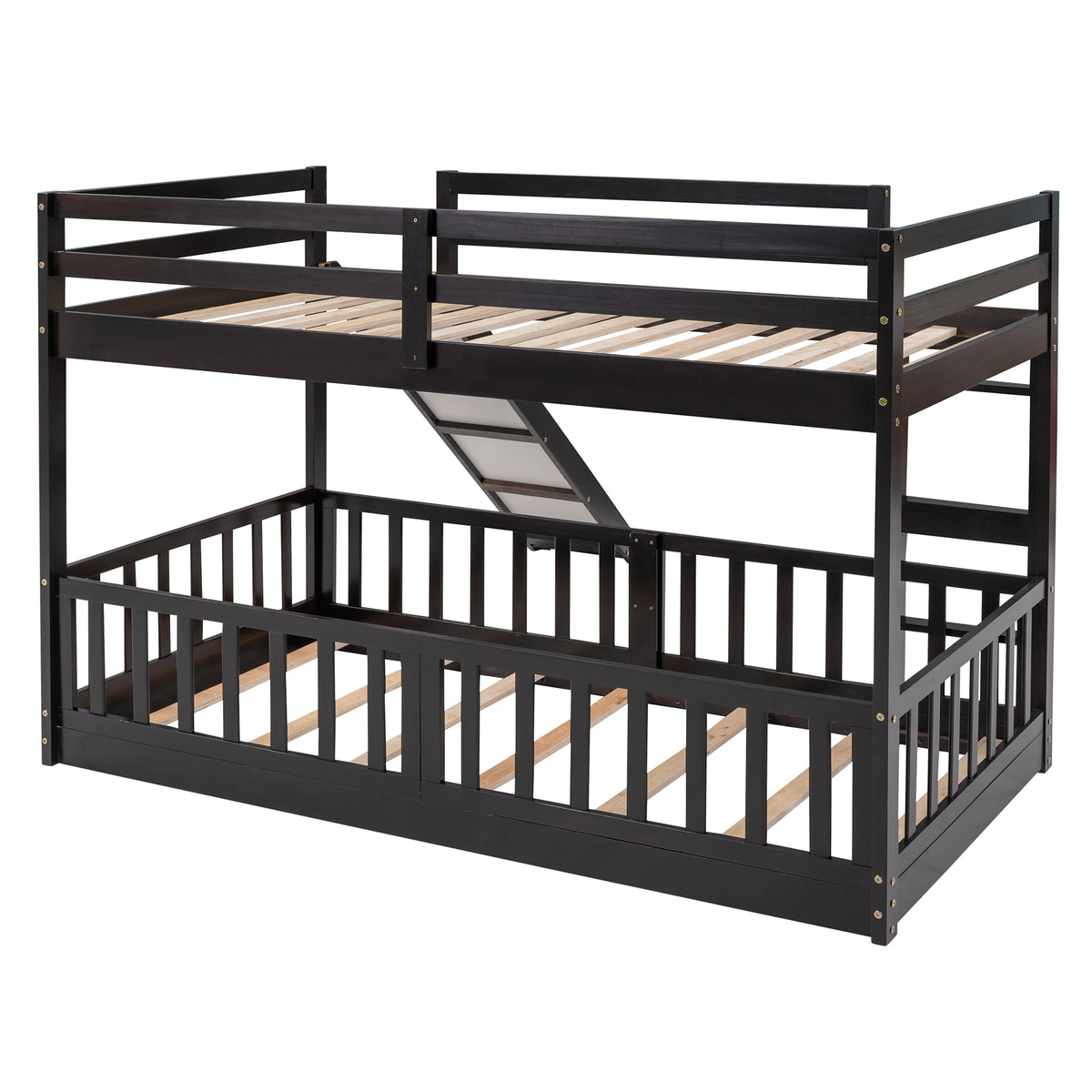 Twin Over Twin Bunk Bed With Slide And Ladder, Espresso Old Sku:Lp000009Aap Espresso Solid Wood