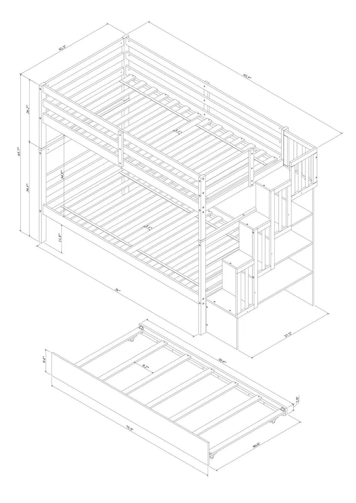 Twin Over Twin Bunk Beds With Twin Trundle And Stairway Storage Function In White Color White Pine