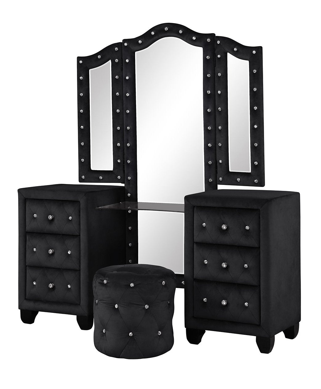 Sophia Modern Style Crystal Tufted Upholstery 6 Drawer Vanity Set With Stool, Finished With Velvet Fabric Made With Wood In Black Black 5 Drawers & Above Ball Bearing Glides Bedroom Contemporary,Modern Acacia Upholstered Wood
