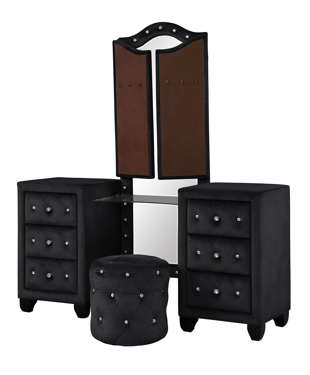 Sophia Modern Style Crystal Tufted Upholstery 6 Drawer Vanity Set With Stool, Finished With Velvet Fabric Made With Wood In Black Black 5 Drawers & Above Ball Bearing Glides Bedroom Contemporary,Modern Acacia Upholstered Wood