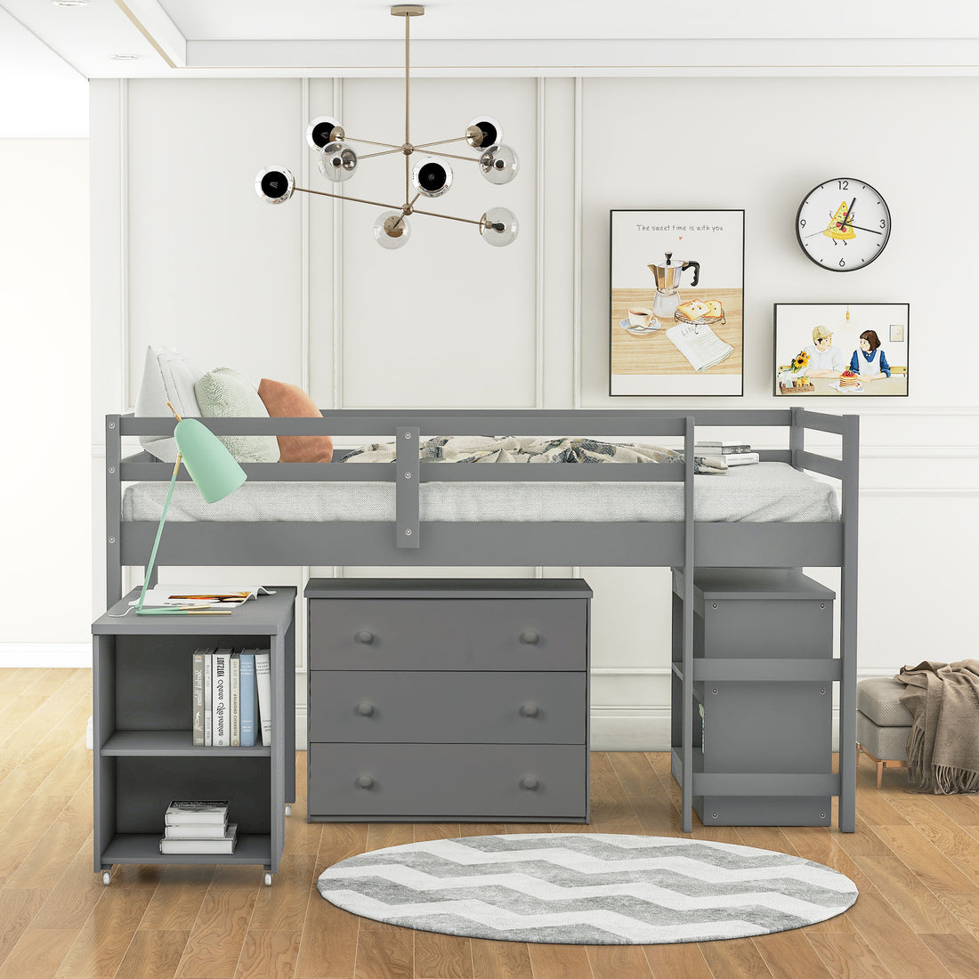 Low Study Twin Loft Bed With Cabinet And Rolling Portable Desk Gray Old Sku :Lp000113Aae Gray Solid Wood
