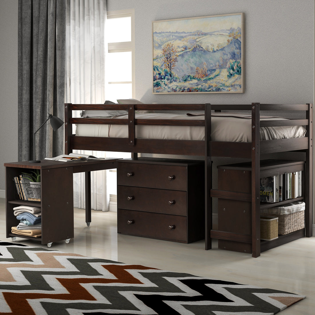 Low Study Twin Loft Bed With Cabinet And Rolling Portable Desk Espresso Old Sku :Lp000113Aap Espresso Solid Wood