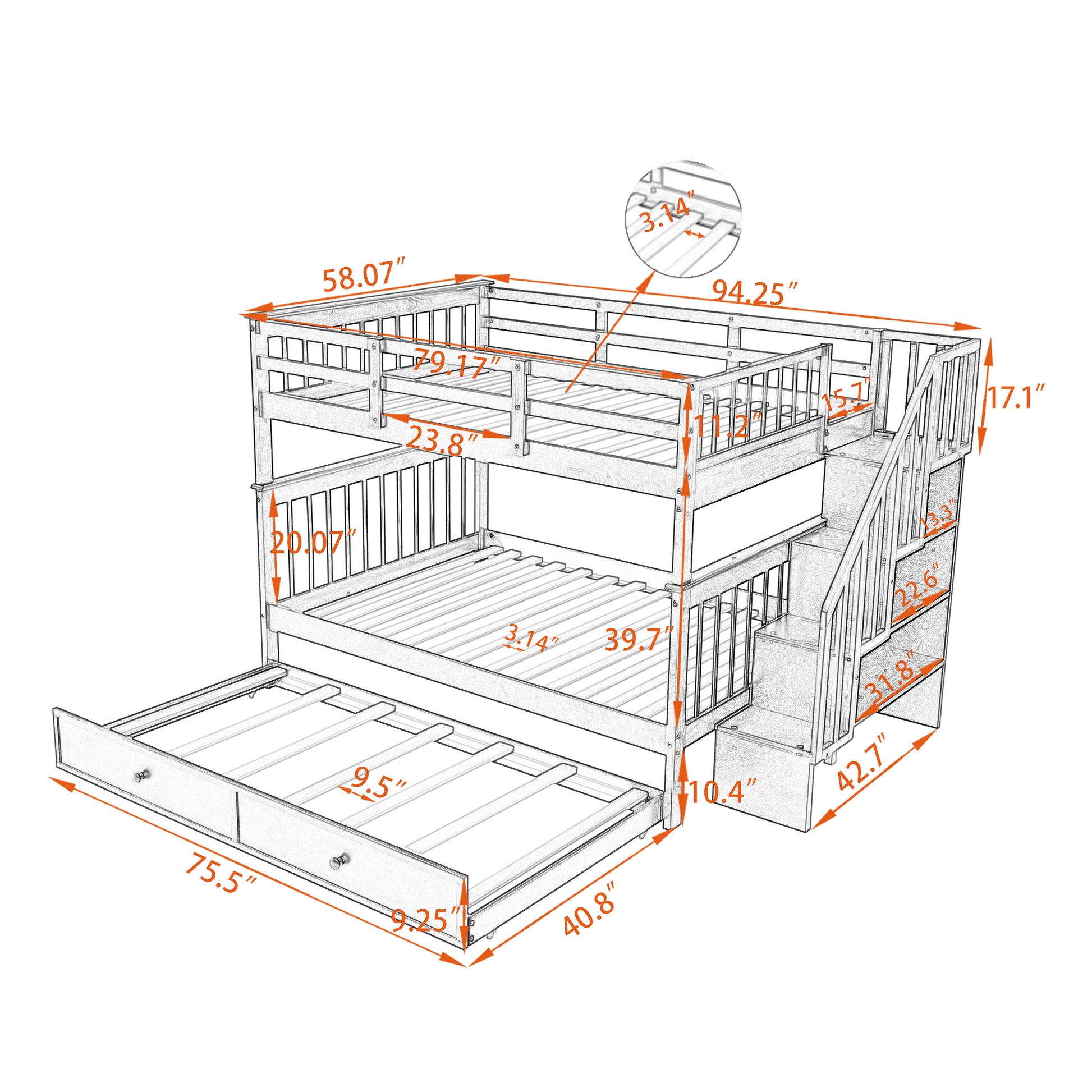 Stairway Full Over Full Bunk Bed With Twin Size Trundle, Storage And Guard Rail For Bedroom, Dorm Espresso Old Sku :Lp001210Aap Espresso Solid Wood