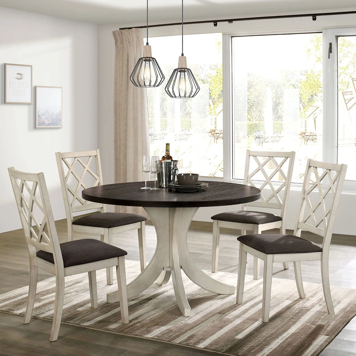 Antique White Solid Wood Set Of 2 Chairs Unique Design Back Kitchen Dining Room Breakfast Grey Cushion Seat Chair Fabric Geometric Antique White White Dining Room Contemporary,Modern,Transitional Side Chair Rubberwood Cross Back Solid Wood