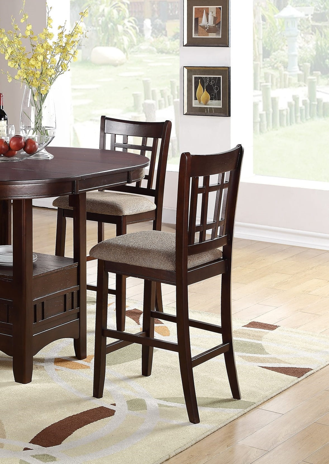 Set Of 2 Chairs Dining Room Furniture Brown Solid Wood Counter Height Chairs Upholstered Cushioned Unique Back Geometric Brown Light Brown Dining Room Modern,Transitional Dining Chairs Rubberwood Solid Wood