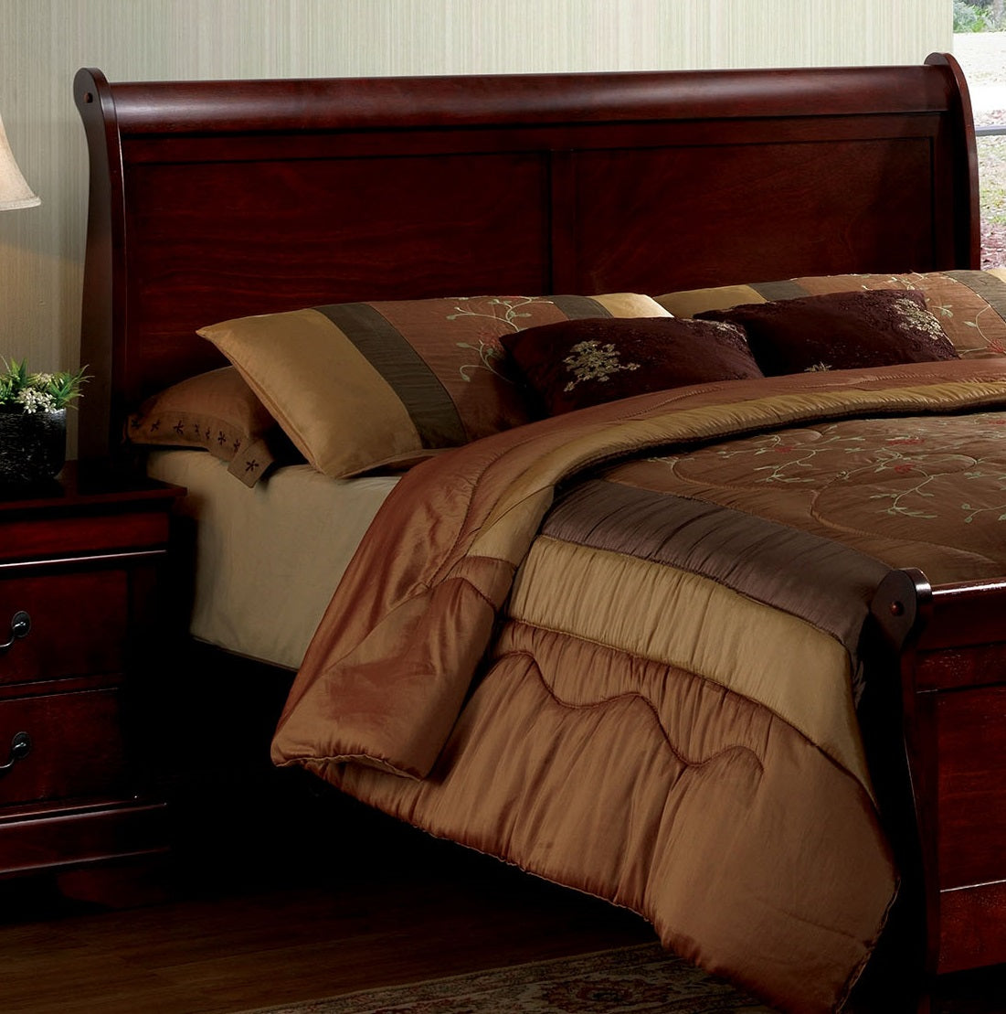 Full Size Bed Cherry Louis Phillipe Solidwood 1Pc Bed Bedroom Sleigh Bed Bedroom Furniture Box Spring Required Full Cherry Wood Brown Bedroom Contemporary,Modern Rubberwood Bed Frame Solid Wood