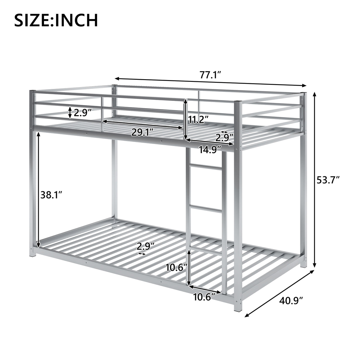 Twin Over Twin Metal Bunk Bed, Low Bunk Bed With Ladder,Silver Old Sku:Wf282465Aan Silver Metal