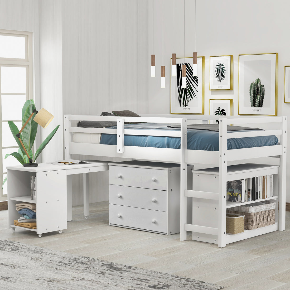 Low Study Twin Loft Bed With Cabinet And Rolling Portable Desk White Old Sku :Lp000113Aak White Solid Wood