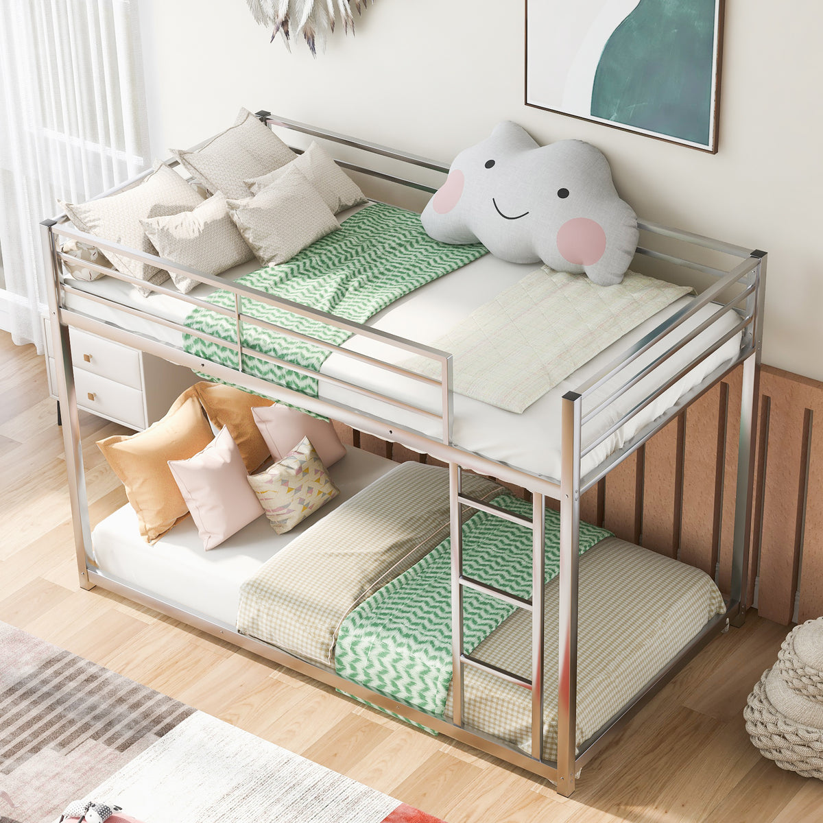Twin Over Twin Metal Bunk Bed, Low Bunk Bed With Ladder,Silver Old Sku:Wf282465Aan Silver Metal