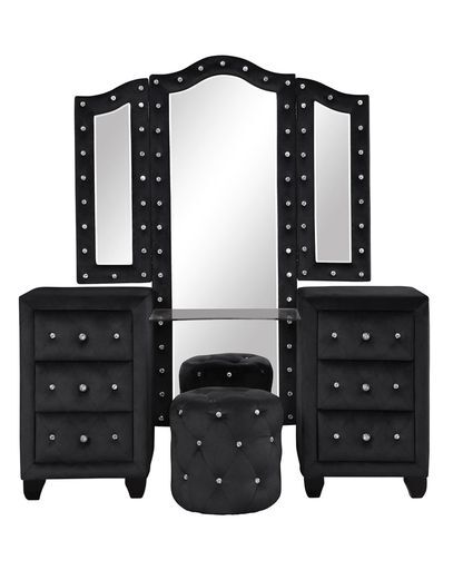 Full 5 Pc Vanity Upholstery Bedroom Set Made With Wood In Black Box Spring Not Required Full Black Wood 5 Piece Set Bedroom Contemporary,Modern Acacia Upholstered Velvet Tufted Wood