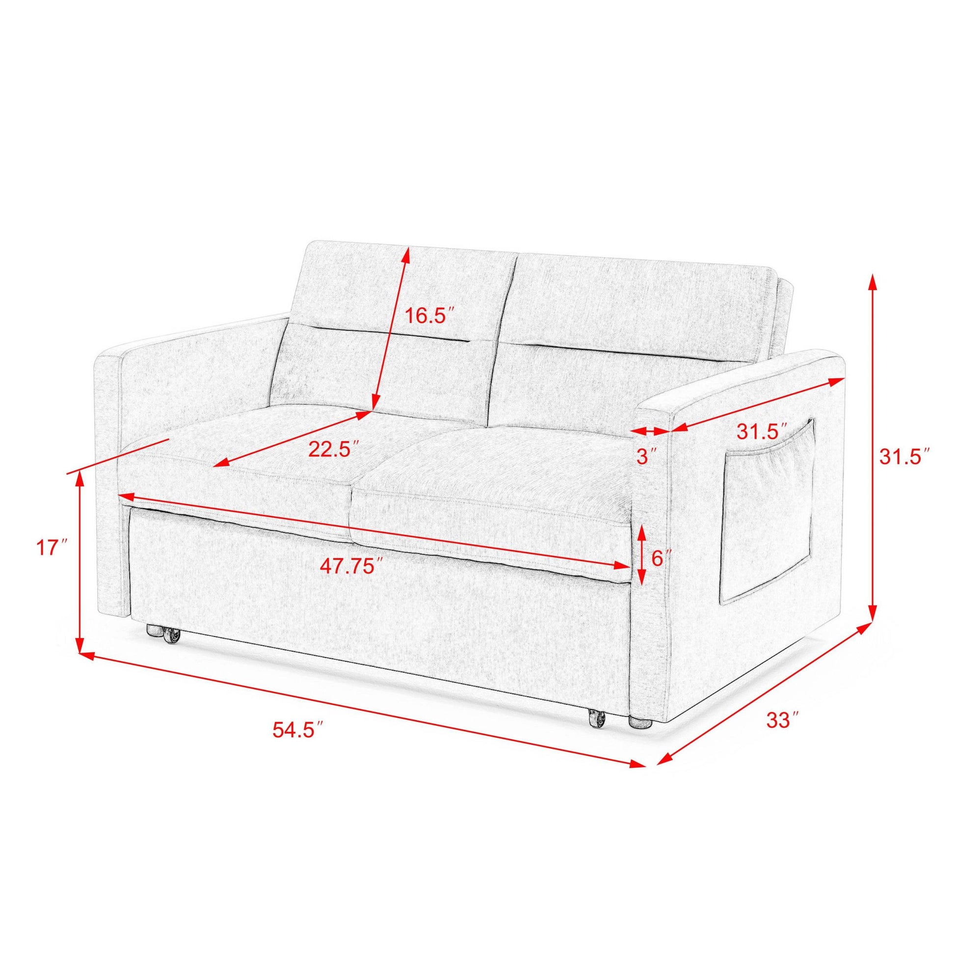 Loveseats Sofa Bed With Pull Out Bed,Adjsutable Back And Two Arm Pocket,Beige 54.5"X33"X31.5" Beige Velvet