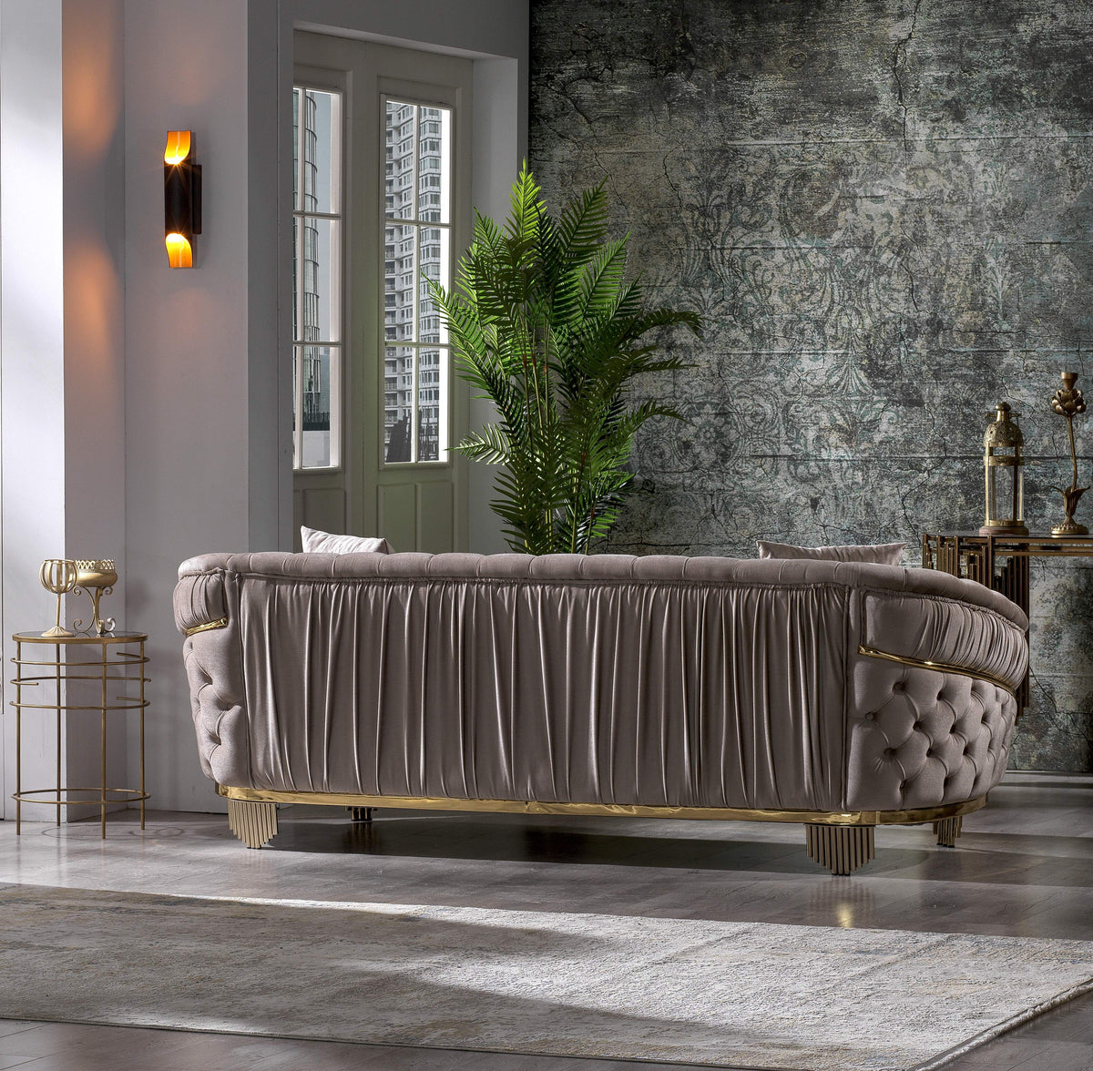 Modern Style Button Tufted Sofa Made Of Wood And Gold Coated Metal Legs In Taupe Color Taupe Polyester Wood Primary Living Space Tufted Back Modern Solid Wood Mdf Wood 3 Seat
