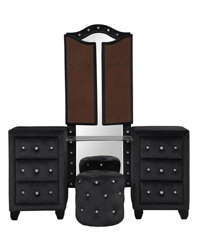 Full 5 Pc Vanity Upholstery Bedroom Set Made With Wood In Black Box Spring Not Required Full Black Wood 5 Piece Set Bedroom Contemporary,Modern Acacia Upholstered Velvet Tufted Wood