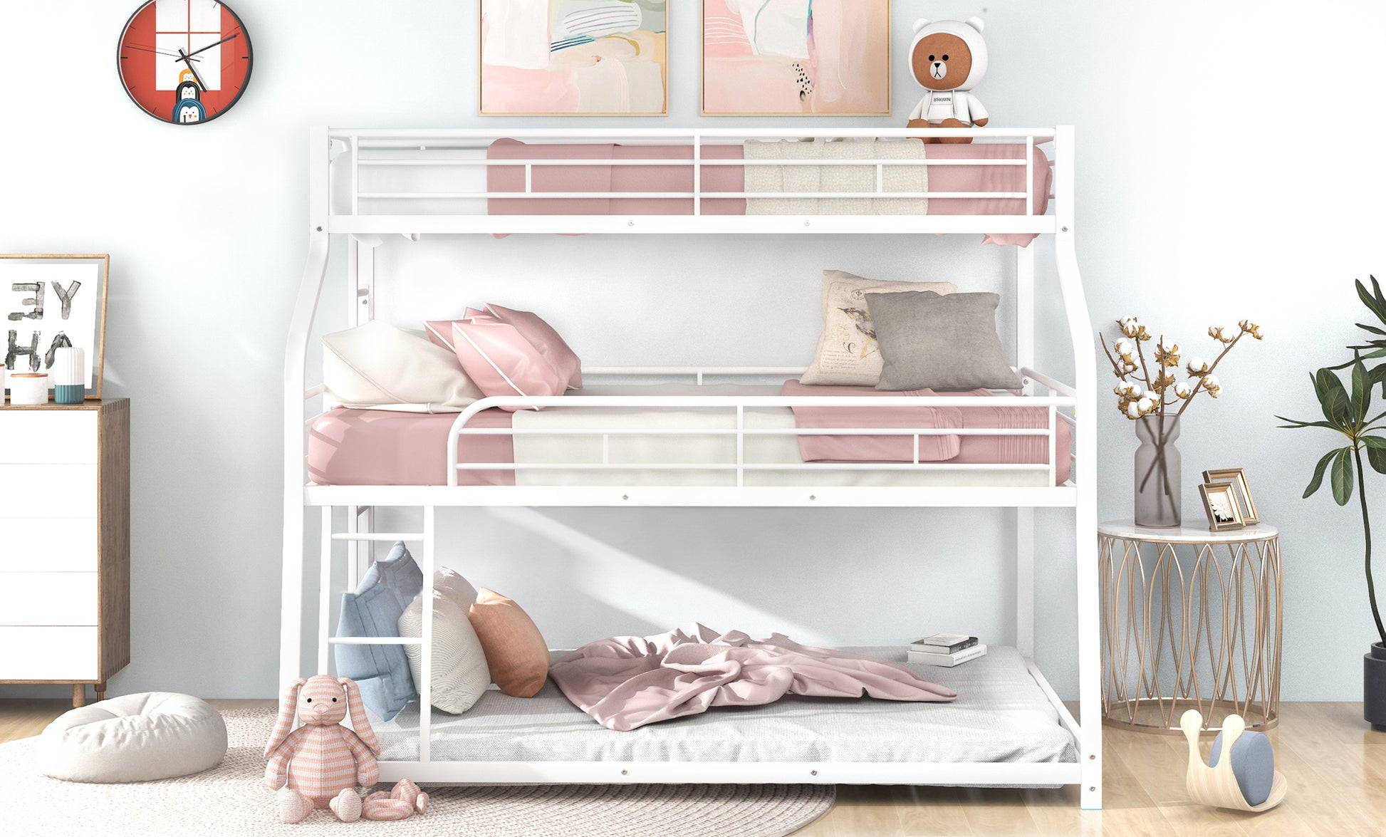 Twin Xl Full Xl Queen Triple Bunk Bed With Long And Short Ladder And Full Length Guardrails,White White Metal