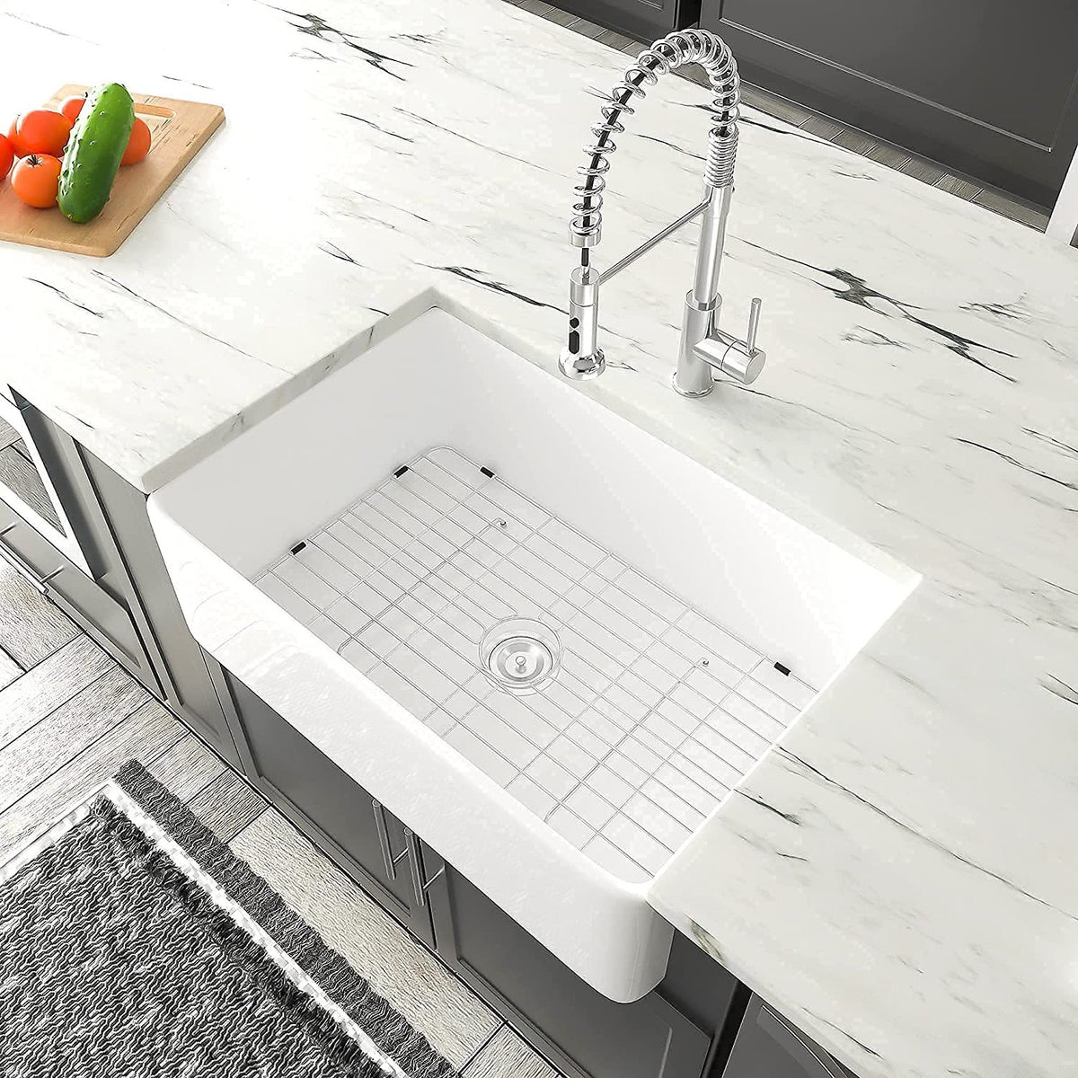 33" L X 20" W Single Basin Ceramic Farmhouse Kitchen Sink With Basket Strainer White Ceramic