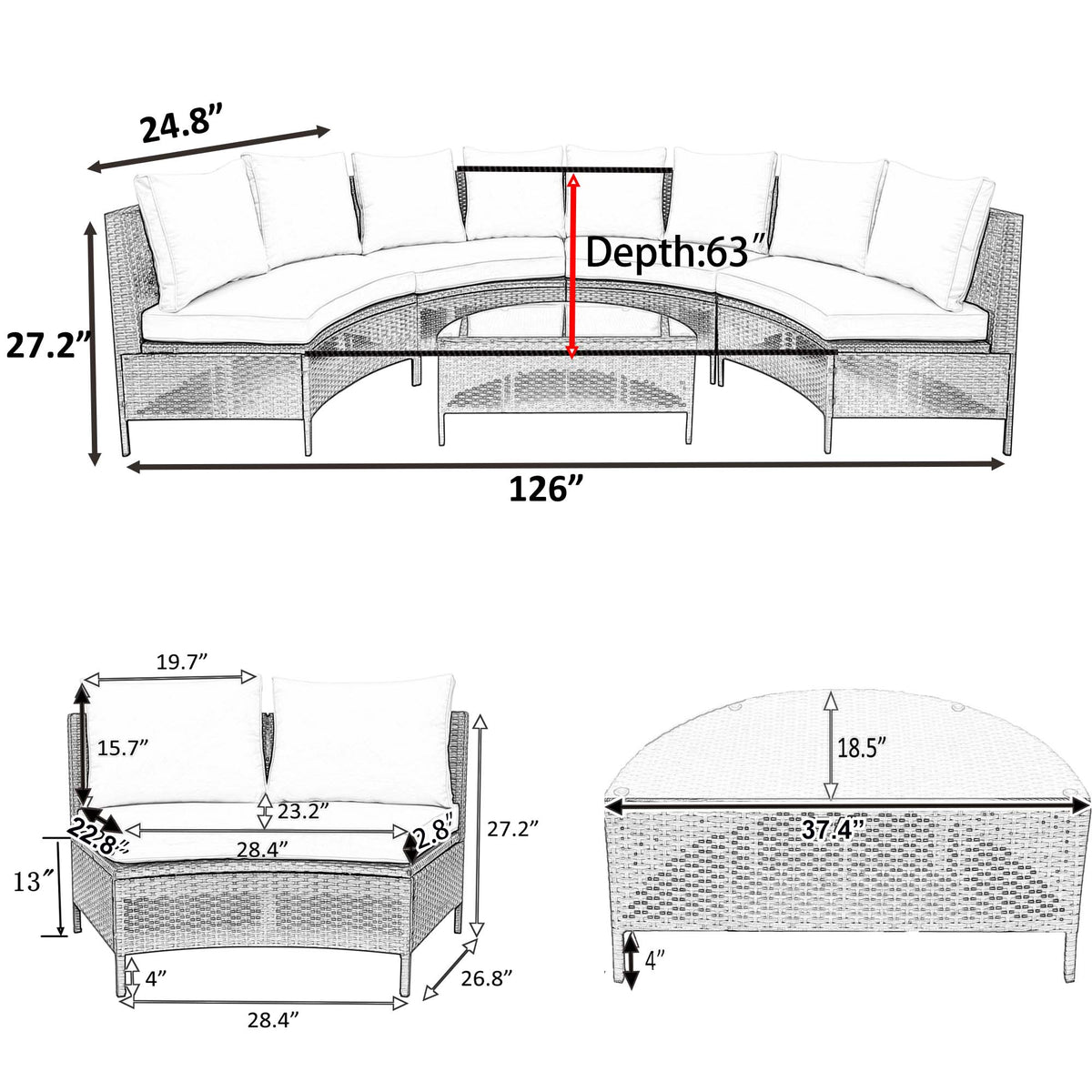 5 Pieces All Weather Brown Pe Rattan Wicker Sofa Set Outdoor Patio Sectional Furniture Set Half Moon Sofa Set With Tempered Glass Table, Beige Yes Complete Patio Set Beige Water Resistant Frame Water Resistant Cushion Garden & Outdoor Casual Sofa Seating