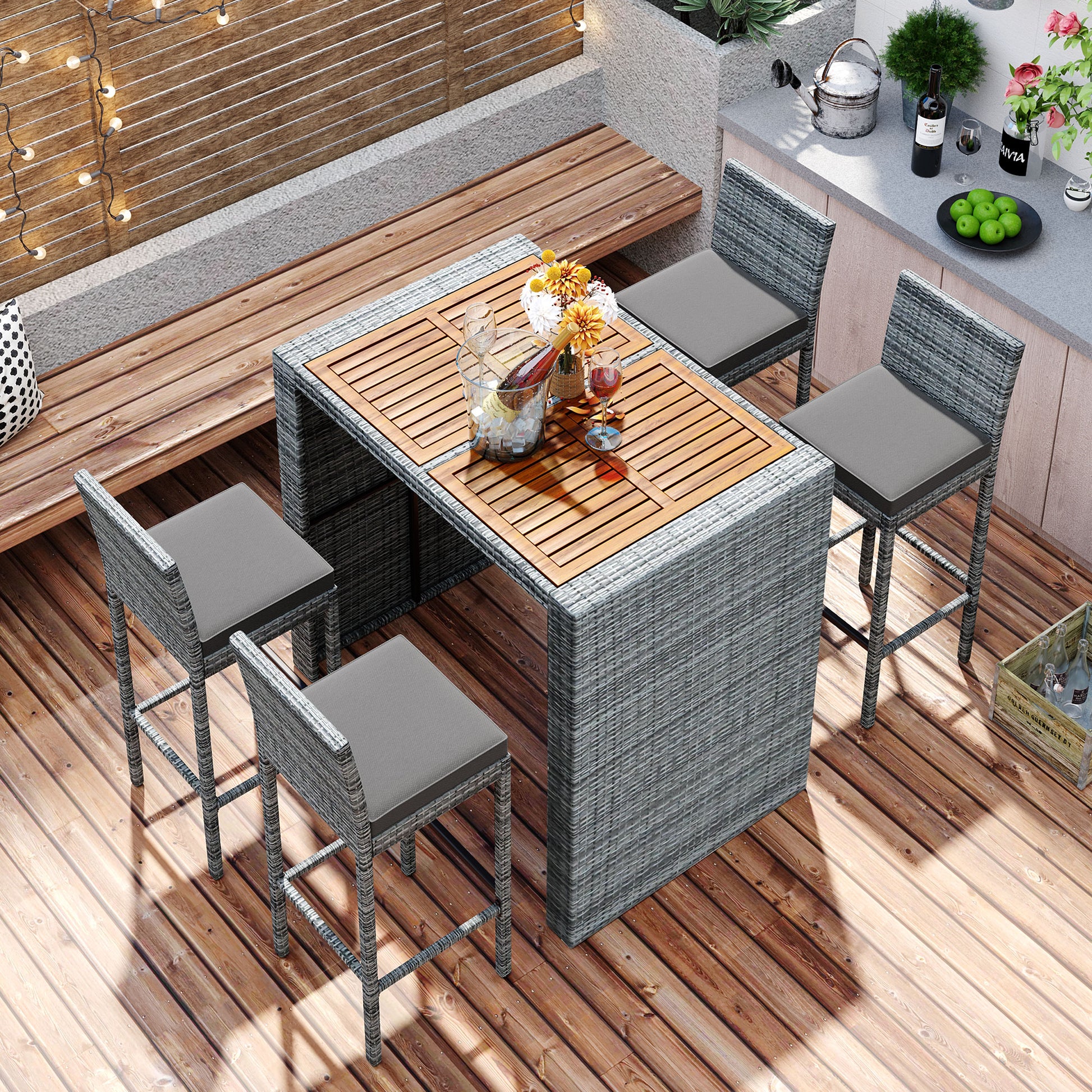 5 Pieces Outdoor Patio Wicker Bar Set, Bar Height Chairs With Non Slip Feet And Fixed Rope, Removable Cushion, Acacia Wood Table Top, Brown Wood And Gray Wicker Yes Gray Wicker