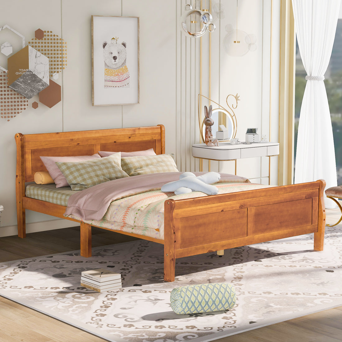 Queen Size Wood Platform Bed With Headboard And Wooden Slat Support Oak Oak Solid Wood