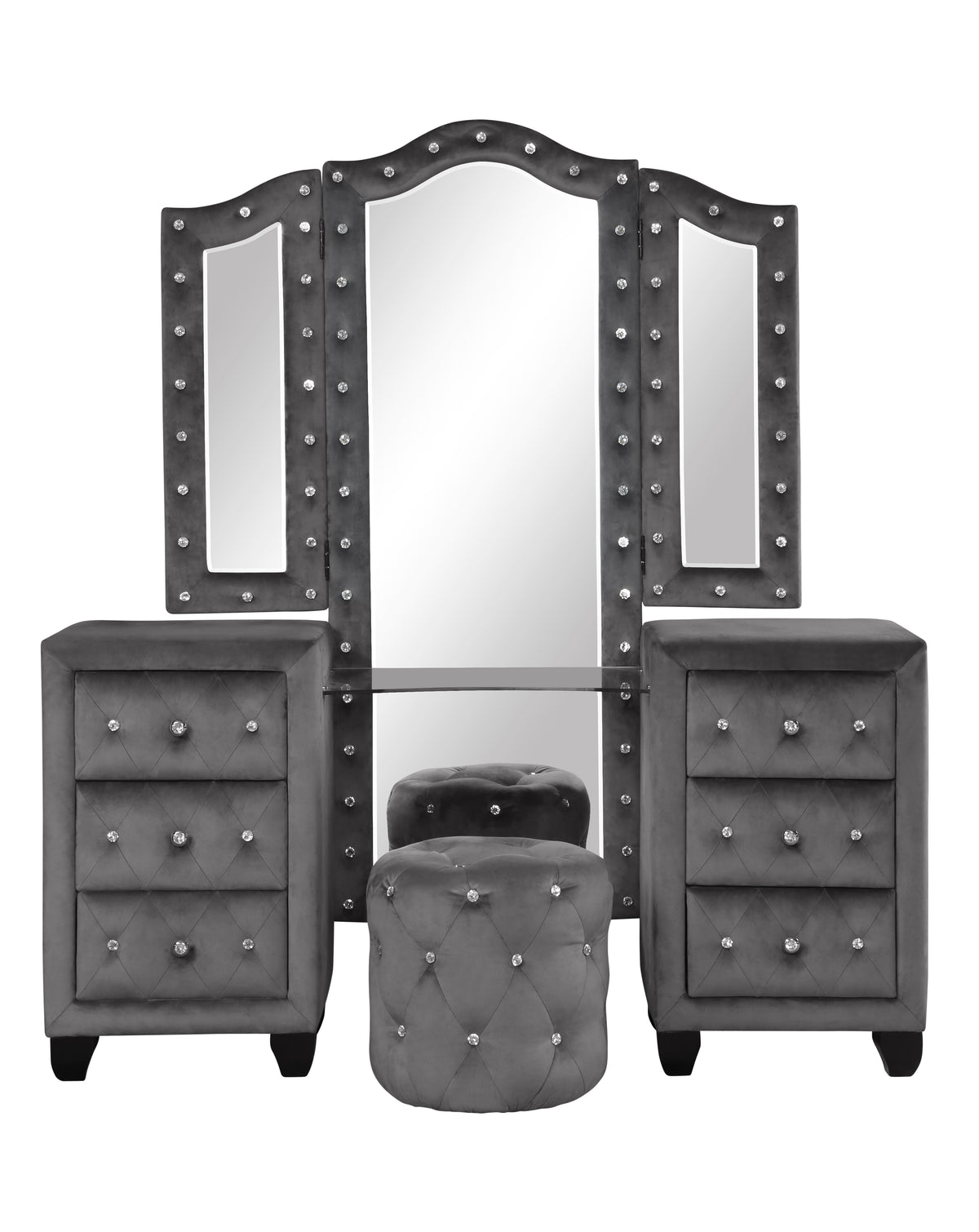 King 5 Pc Vanity Upholstery Bedroom Set Made With Wood In Gray Box Spring Not Required King Gray Wood 5 Piece Set Bedroom Contemporary,Modern Upholstered Velvet Tufted Wood