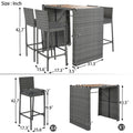 5 Pieces Outdoor Patio Wicker Bar Set, Bar Height Chairs With Non Slip Feet And Fixed Rope, Removable Cushion, Acacia Wood Table Top, Brown Wood And Gray Wicker Yes Gray Wicker