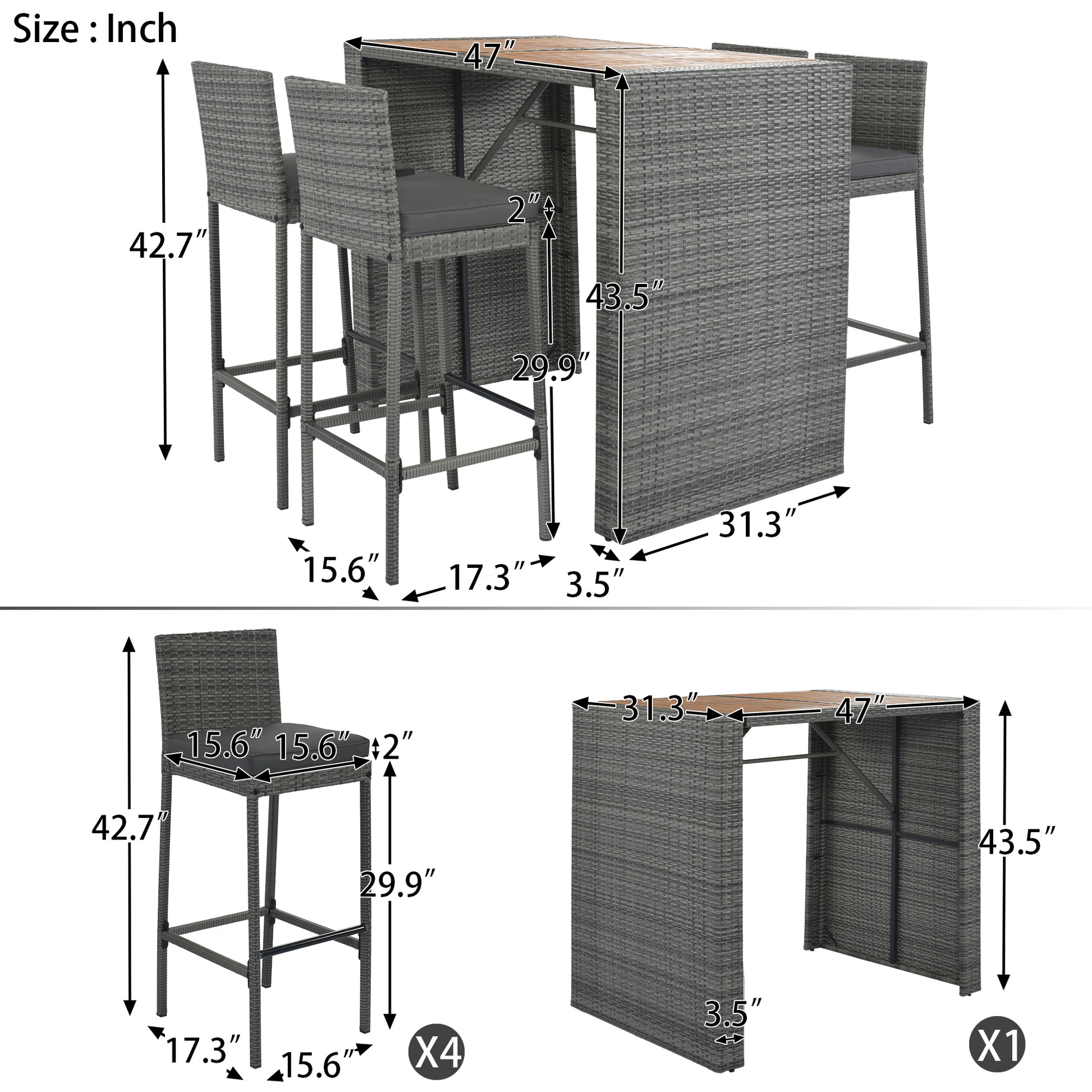 5 Pieces Outdoor Patio Wicker Bar Set, Bar Height Chairs With Non Slip Feet And Fixed Rope, Removable Cushion, Acacia Wood Table Top, Brown Wood And Gray Wicker Yes Gray Wicker