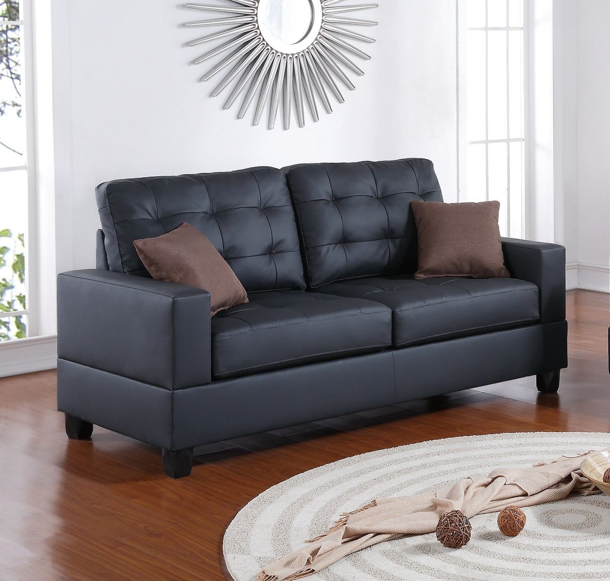 Living Room Furniture 2Pc Sofa Set Black Faux Leather Tufted Sofa Loveseat W Pillows Cushion Couch Black Faux Leather Wood Primary Living Space Tufted Back Contemporary,Modern Pine Square Arms Particle Board 4 Seat