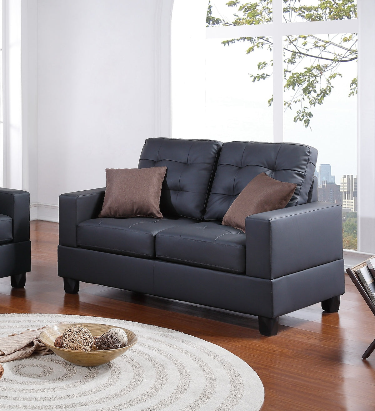 Living Room Furniture 2Pc Sofa Set Black Faux Leather Tufted Sofa Loveseat W Pillows Cushion Couch Black Faux Leather Wood Primary Living Space Tufted Back Contemporary,Modern Pine Square Arms Particle Board 4 Seat