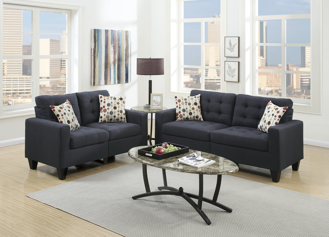 Living Room Furniture 2Pc Sofa Set Black Polyfiber Tufted Sofa Loveseat W Pillows Cushion Couch Solid Pine Black Wood Primary Living Space Tufted Back Modern Pine Square Arms Pine 4 Seat