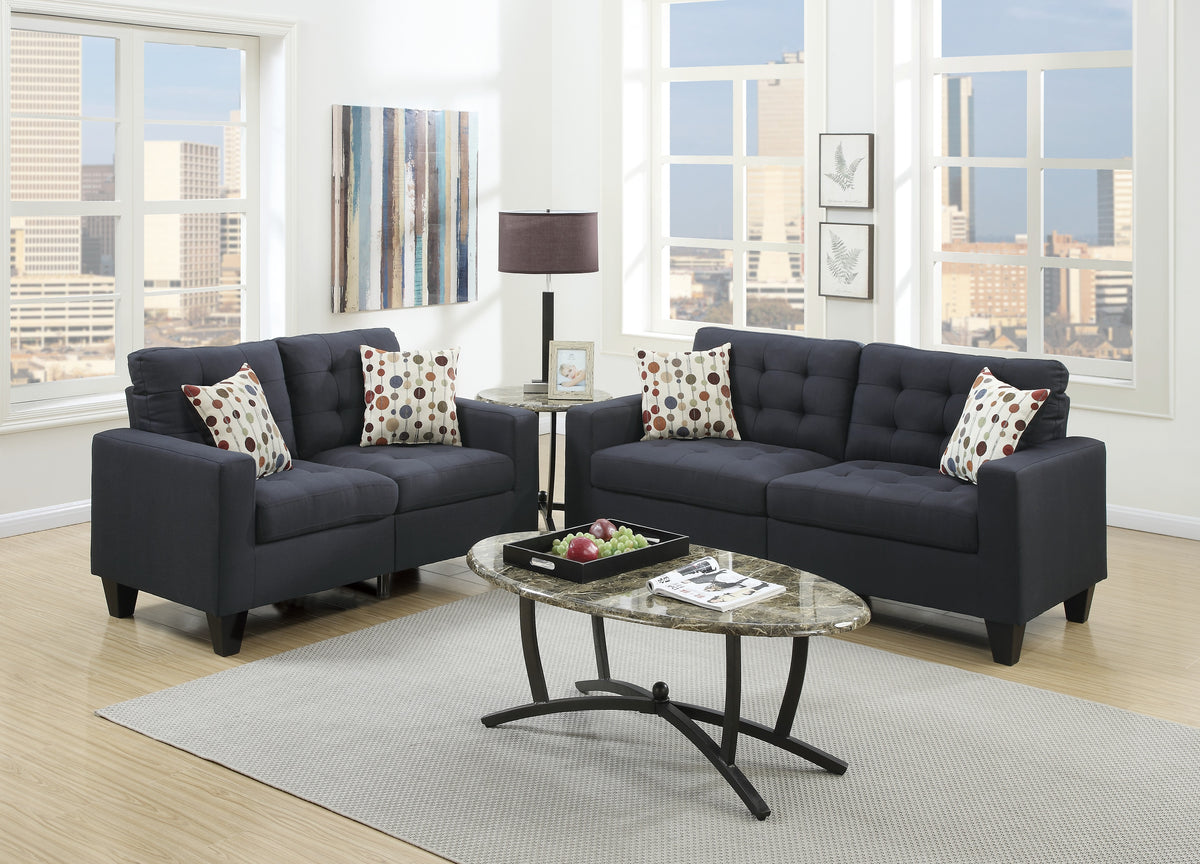 Living Room Furniture 2Pc Sofa Set Black Polyfiber Tufted Sofa Loveseat W Pillows Cushion Couch Solid Pine Black Wood Primary Living Space Tufted Back Modern Pine Square Arms Pine 4 Seat