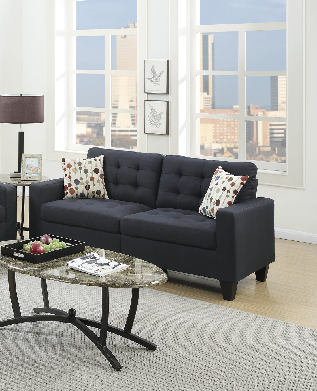 Living Room Furniture 2Pc Sofa Set Black Polyfiber Tufted Sofa Loveseat W Pillows Cushion Couch Solid Pine Black Wood Primary Living Space Tufted Back Modern Pine Square Arms Pine 4 Seat
