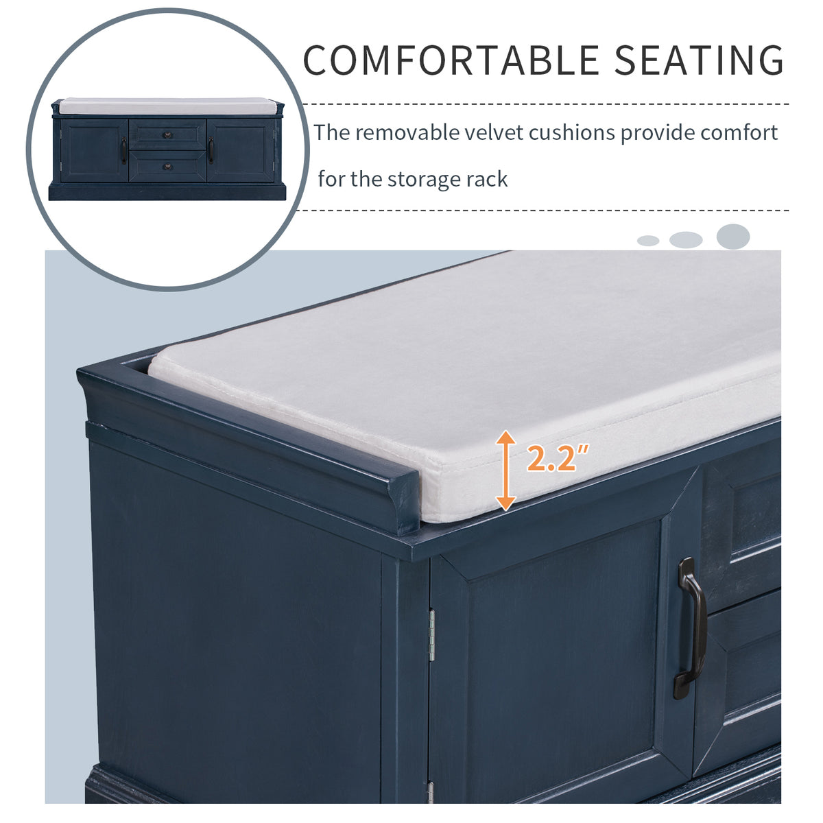 Storage Bench With 2 Drawers And 2 Cabinets, Shoe Bench With Removable Cushion For Living Room, Entryway Antique Navy Antique Navy Solid Wood