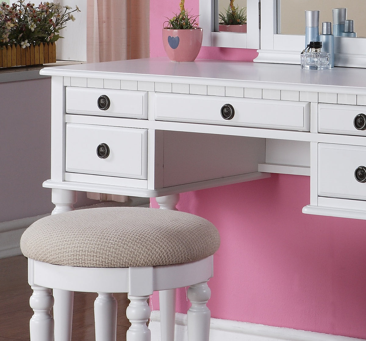 Bedroom Contemporary Vanity Set W Foldable Mirror Stool Drawers White Color White White Bedroom Classic,Contemporary Rubberwood Solid Wood