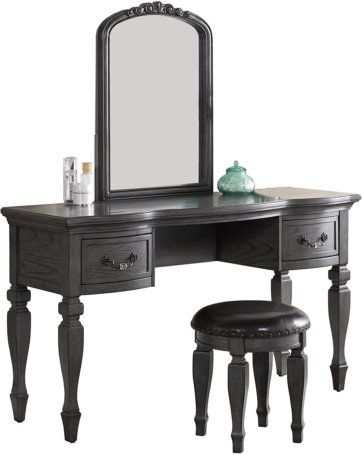 Bedroom Classic Vanity Set Wooden Carved Mirror Stool Drawers Antique Grey Finish Grey Bedroom Classic,Contemporary,Luxury Rubberwood Solid Wood