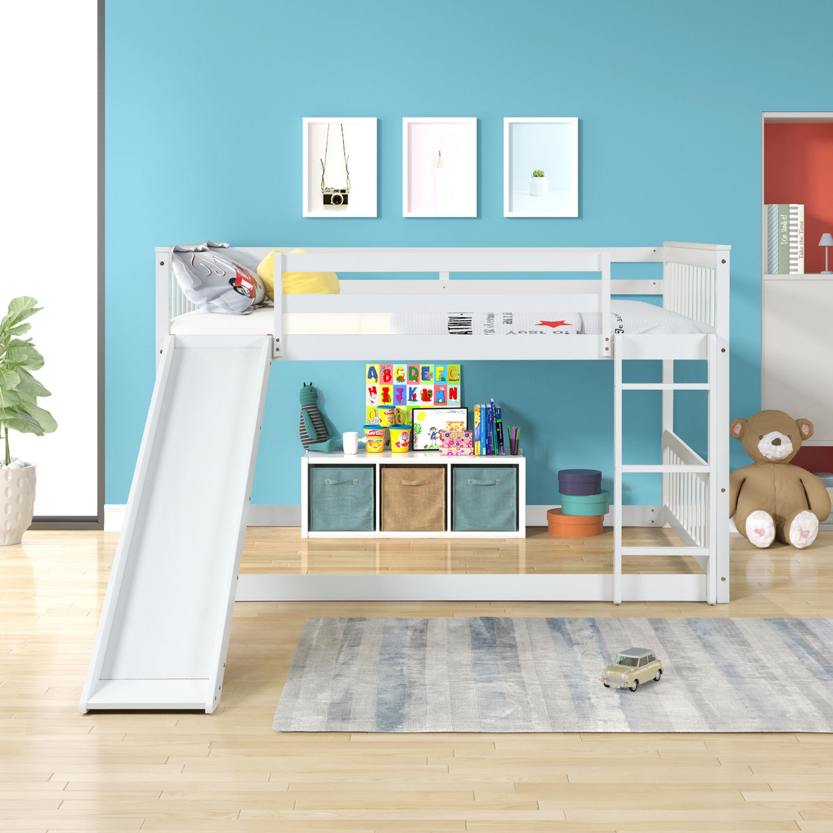 Full Over Full Bunk Bed With Slide And Ladder In White Color White Pine