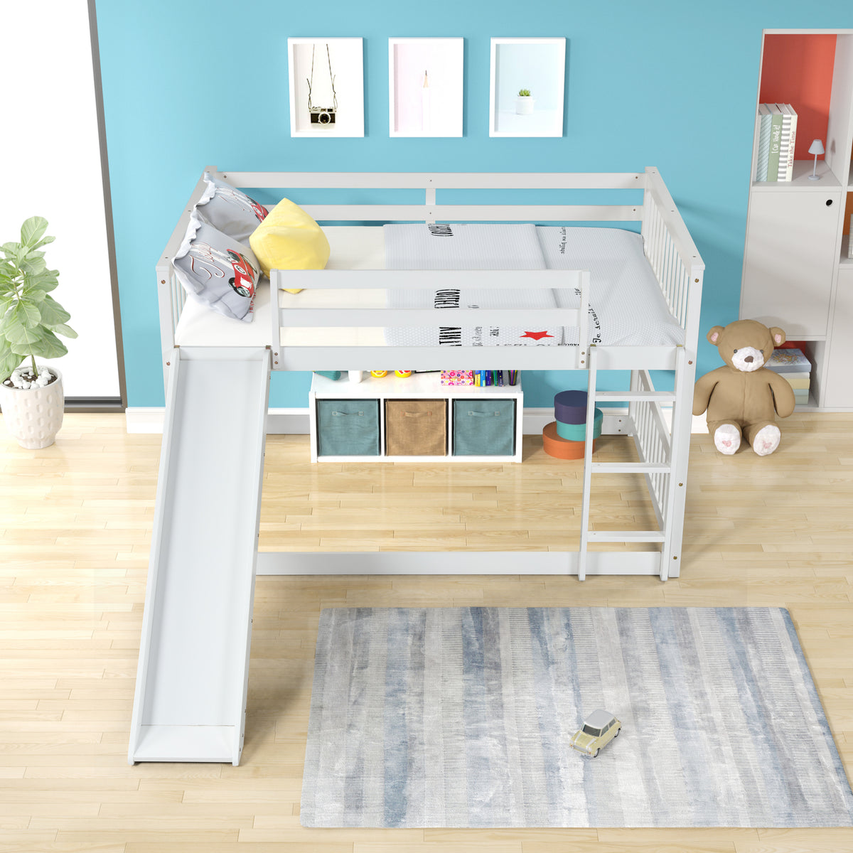 Full Over Full Bunk Bed With Slide And Ladder In White Color White Pine
