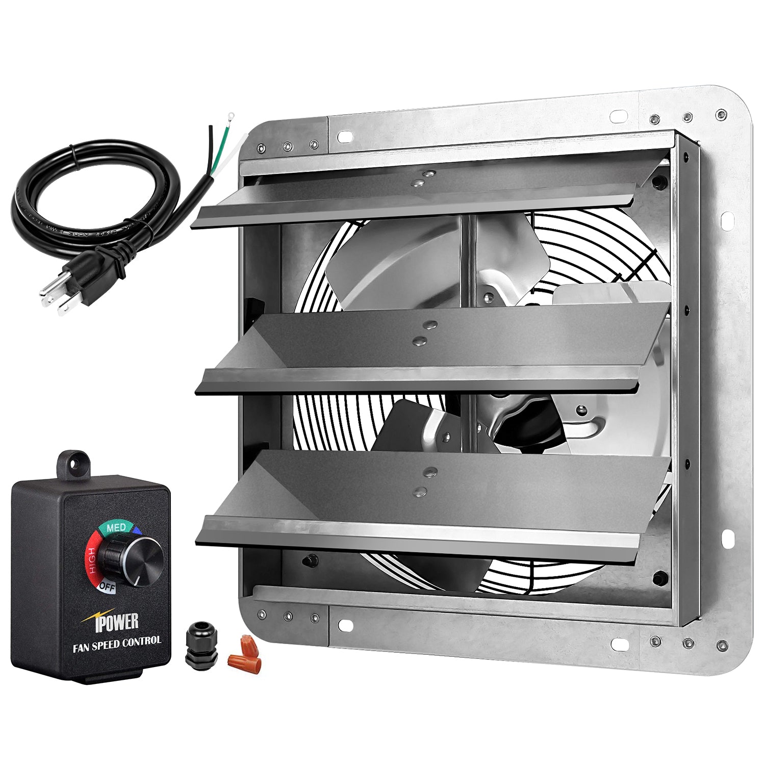 Ipower Hifanxexhaust12Ctb 12 Inch Variable Shutter Exhaust Fan With Speed Controller And Power Cord Kit, 1620Rpm, 940 Cfm, Silver Silver Aluminium