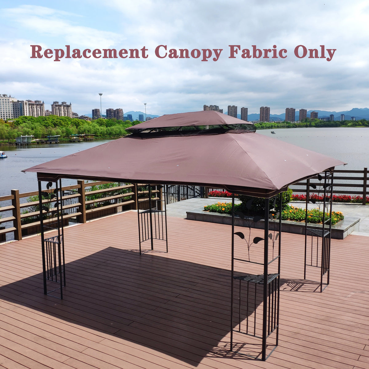 13X10 Ft Patio Double Roof Gazebo Replacement Canopy Top Fabric,Brown Brown Polyester