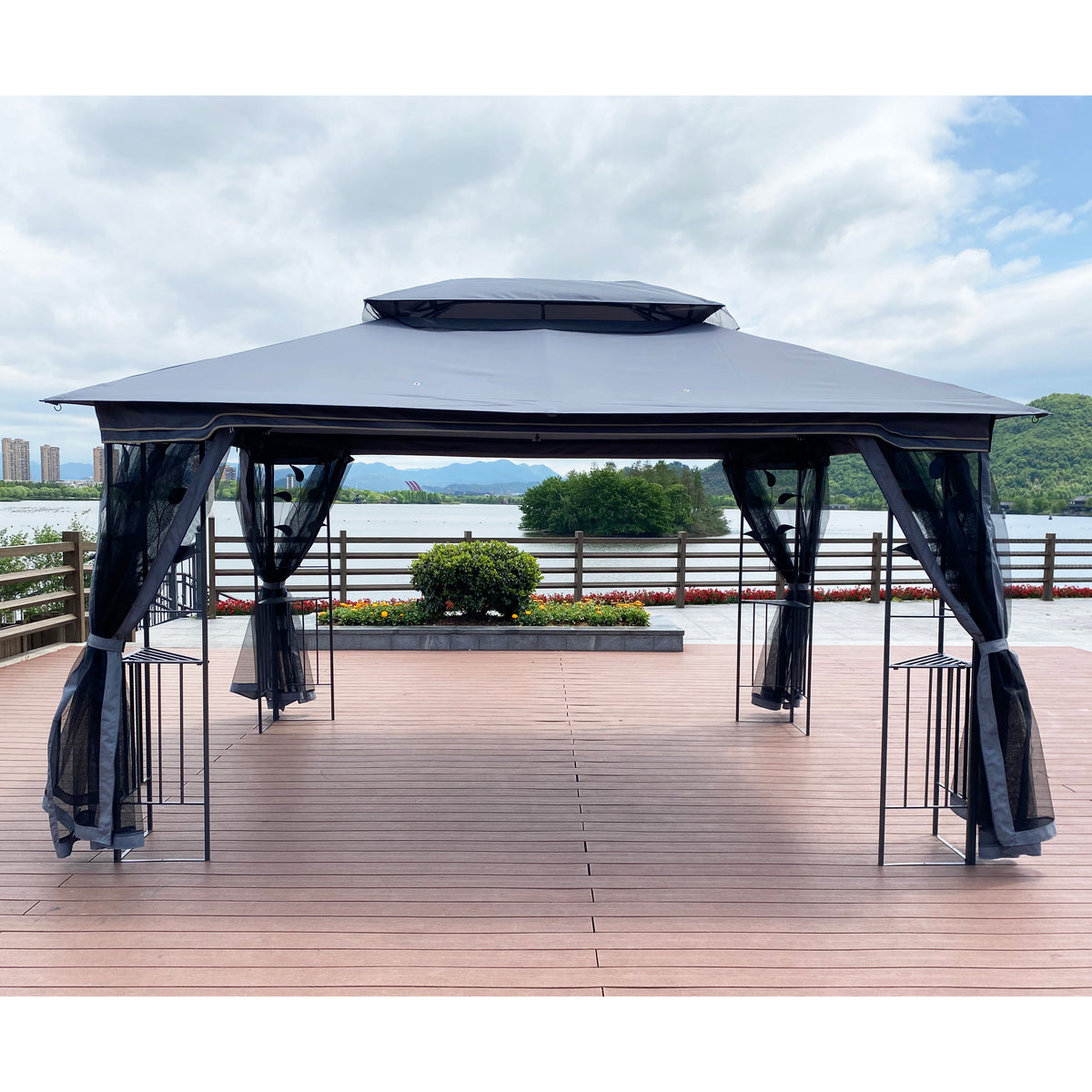 13X10 Outdoor Patio Gazebo Canopy Tent With Ventilated Double Roof And Mosquito Net Detachable Mesh Screen On All Sides ,Suitable For Lawn, Garden, Backyard And Deck,Gray Top Gray Metal