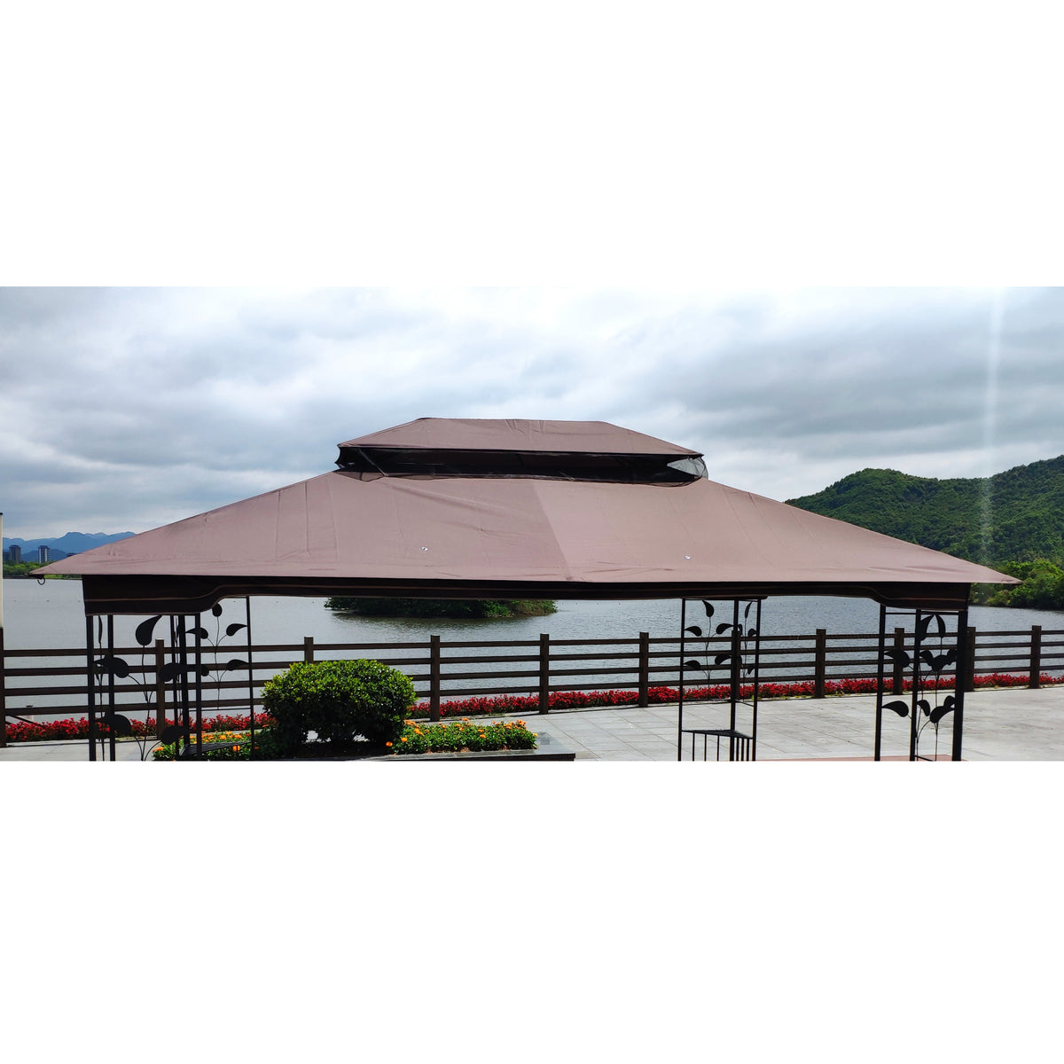 13X10 Ft Patio Double Roof Gazebo Replacement Canopy Top Fabric,Brown Brown Polyester