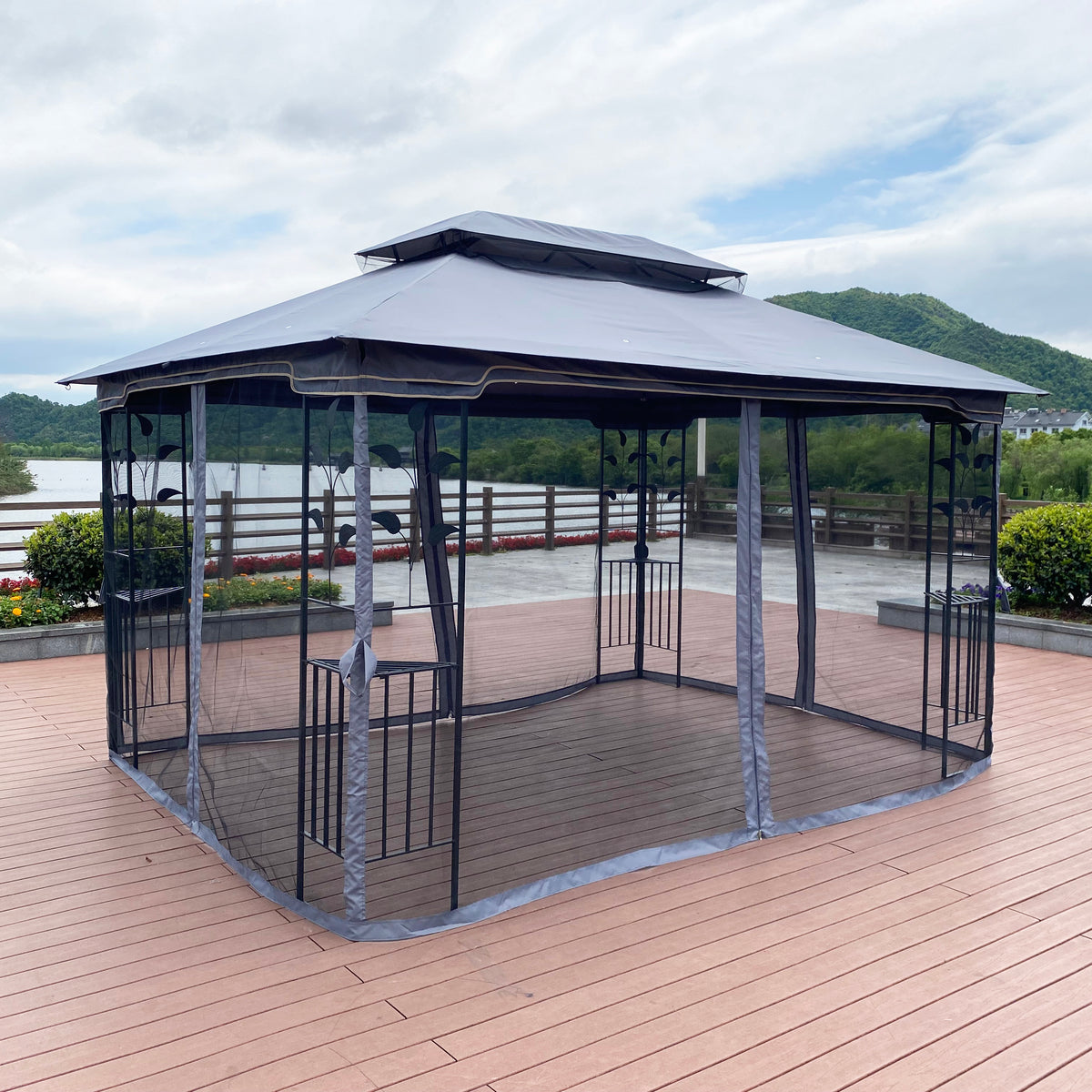 13X10 Outdoor Patio Gazebo Canopy Tent With Ventilated Double Roof And Mosquito Net Detachable Mesh Screen On All Sides ,Suitable For Lawn, Garden, Backyard And Deck,Gray Top Gray Metal